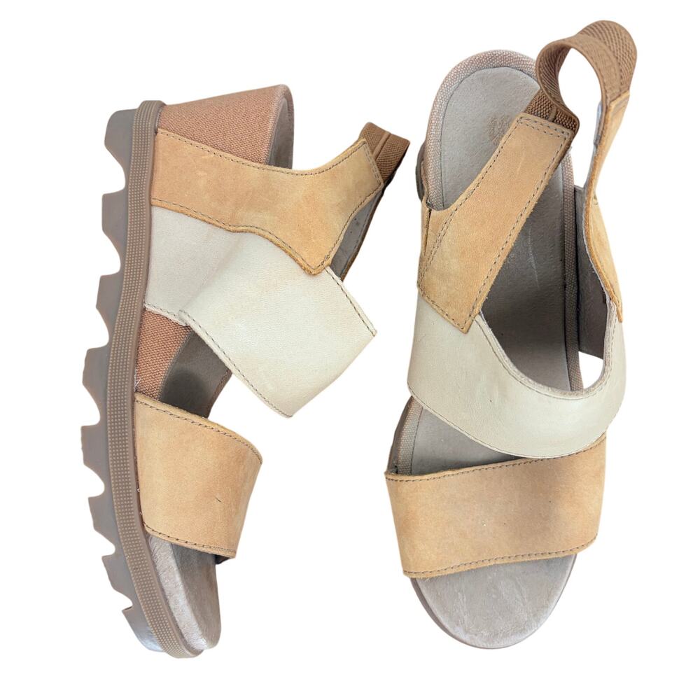 SOREL Women's Joani li Tan Sandal Slip-On Slingback Heel Wedges Size 7.5
